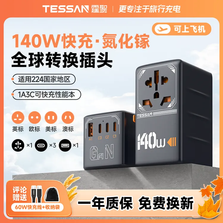 【国补15%】TESSAN霆圣140W全球多国通用旅行转换插头出国转换插座