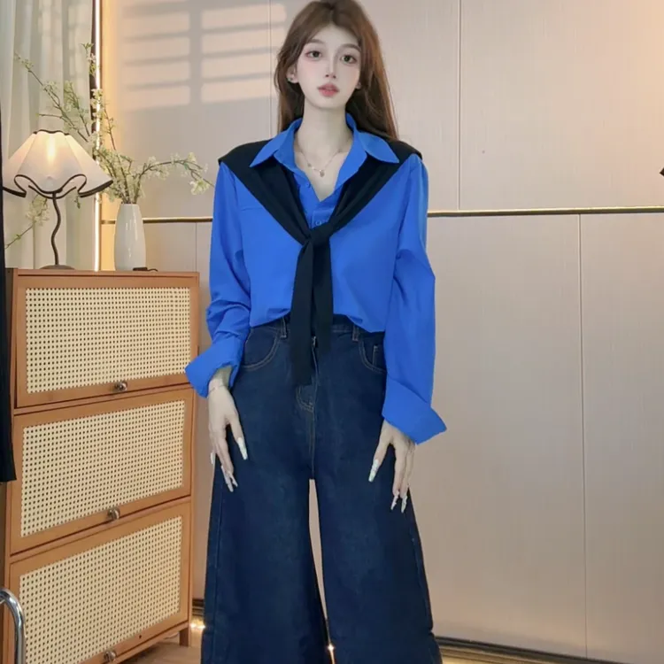 韩版春秋新款爆火甜酷叠穿时尚克莱因蓝衬衫上衣女+披肩显瘦通勤