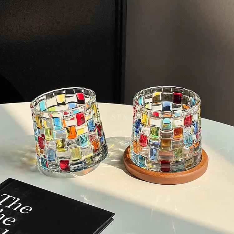 爆款2025新款女生微醺酒杯编织杯中古手绘旋转玻璃杯威士忌酒杯