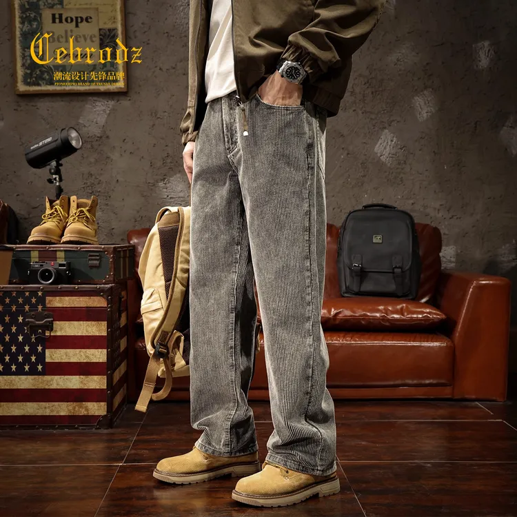法国Cebrodz美式高街粗条纹直筒牛仔裤男秋季重磅灯芯绒休闲长裤