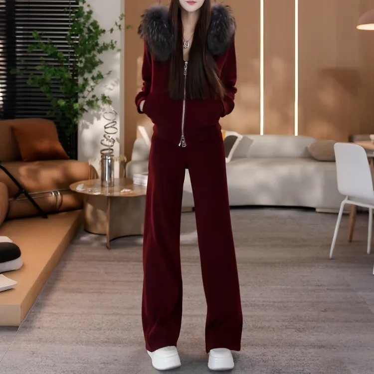 超火冬装一整套女可拆卸毛毛领拉链开衫上衣阔腿裤加绒两件套1778
