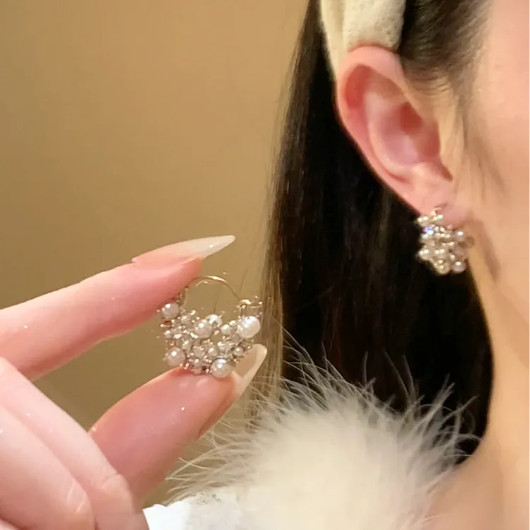 纯铜仿珍珠耳饰 手作镂空闪锆菜篮子耳环百搭轻奢耳钉小众耳饰女