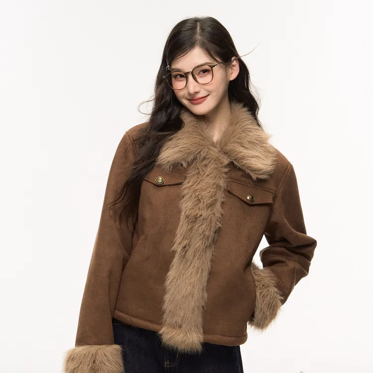 ELEVEN SLEEP棕色夹克外套秋冬女士皮毛一体韩系短款上衣