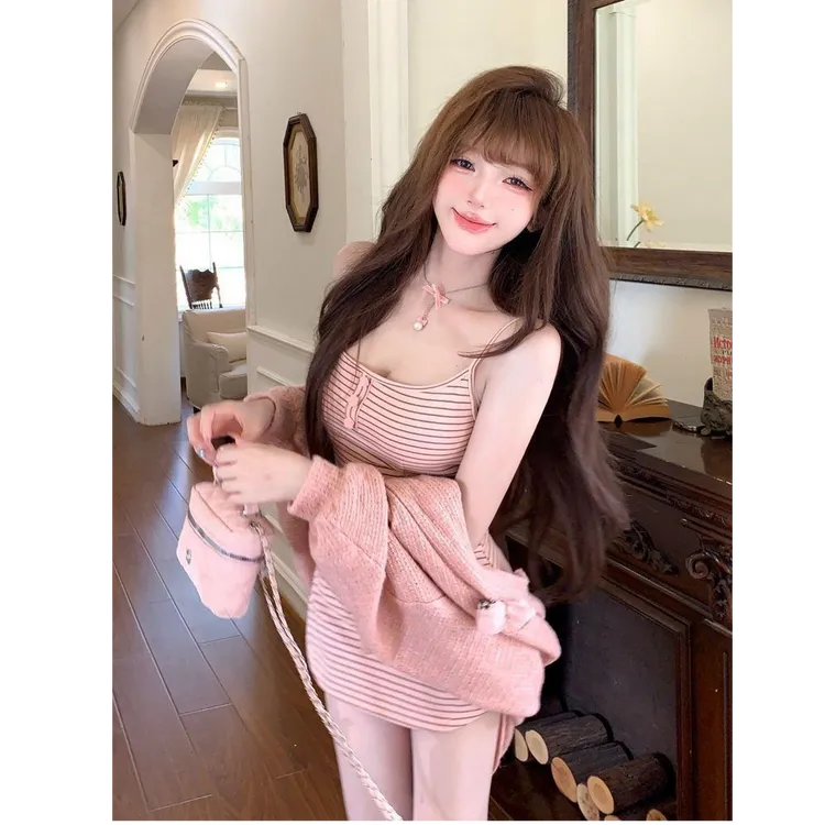 慵懒韩女 秋季纯欲慵懒风吊带连衣裙针织开衫套装开学早秋穿搭女