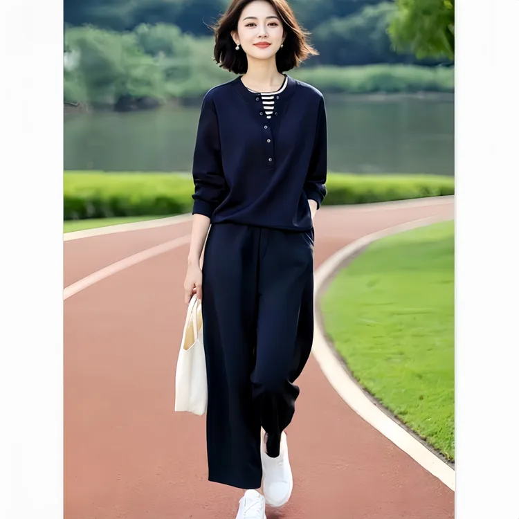 时尚休闲风INS风假两件卫衣+松紧腰九分裤春秋运动套装