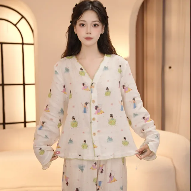 VINEEMAN早秋纯棉透气甜美薄款女士家居服套装印花短袖女睡衣女