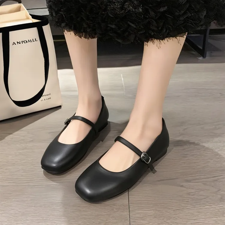 里外全真皮秋季复古平底圆头方头低跟浅口单鞋羊皮黑色玛丽珍鞋