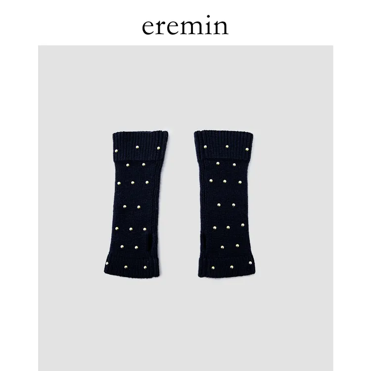 Min 简约舒适钉珠装饰半露指全羊毛手套