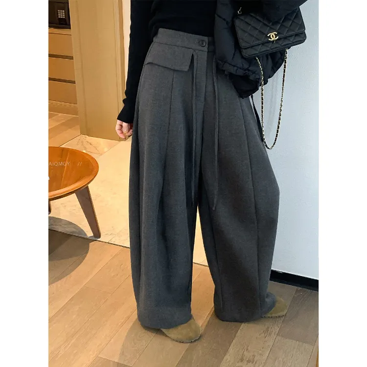 慵懒松弛感灰色抽绳加绒阔腿裤女秋冬宽松垂感百搭长裤加厚休闲裤