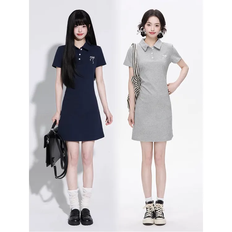 纯棉螺纹POLO衫领纯色连衣裙女中长款短袖夏季收腰修身显瘦上衣