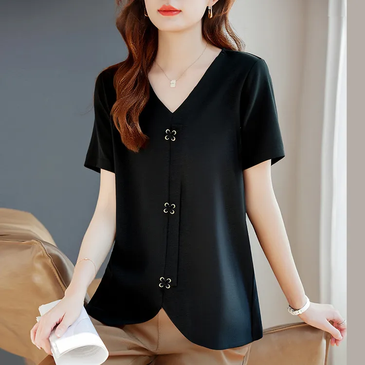 V领短袖t恤女夏季2025新款大码女装宽松显瘦上衣五一出街旅游衣服