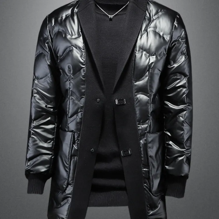 欧洲站针织领中长款羽绒服男2025年冬季新款保暖西装领亮面外套潮