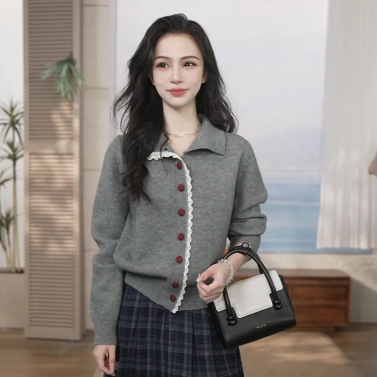 25秋季复古蕾丝拼接针织开衫纯色百搭毛衣外套宽松长袖