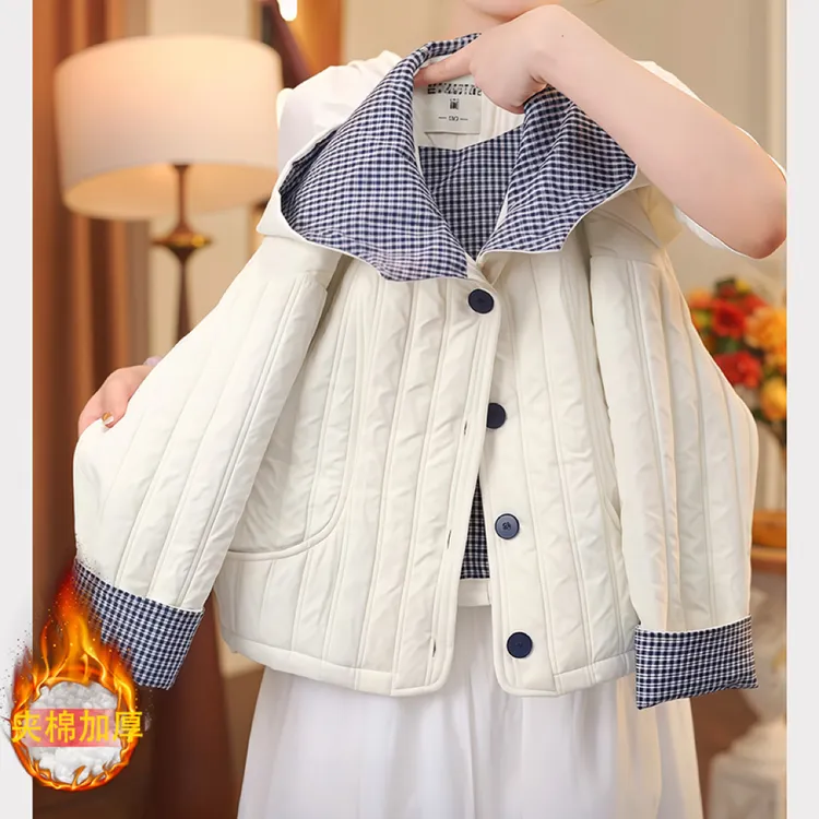 女童夹棉外套秋冬2025新款加厚二棉格子拼接棉服保暖绗棉棉袄洋气