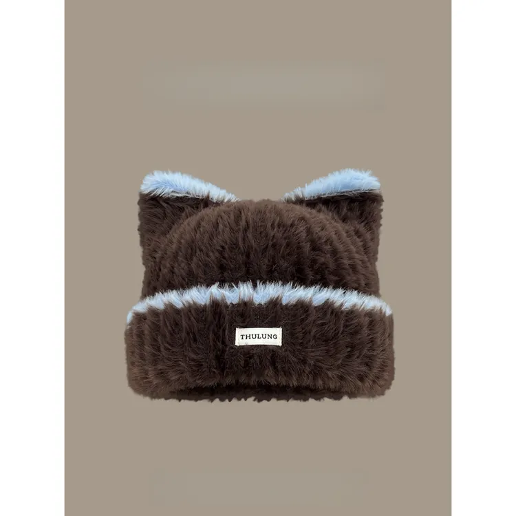 日系可爱猫耳朵毛绒针织毛线帽子女冬季保暖护耳百搭显脸小套头帽