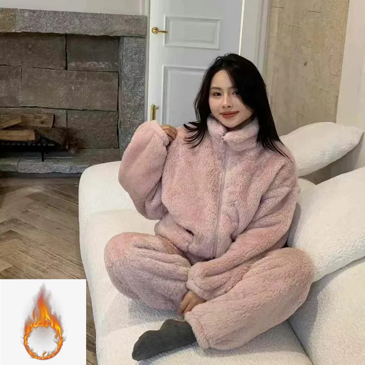2025冬季慵懒风立领双面保暖毛毛家居服套装女宽松显瘦两件套睡衣