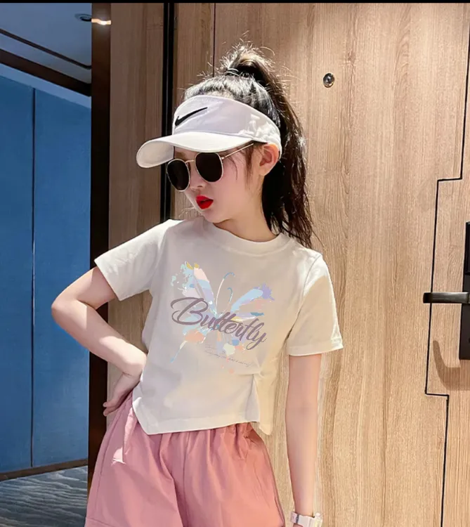 纯棉100%中大童女童短袖t恤蝴蝶高腰夏季休闲印花夏季童装半袖潮