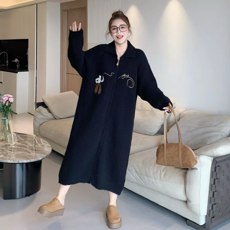 媛子大码秋冬刺绣针织开衫显瘦宽松韩版加厚气质时尚通勤简约风