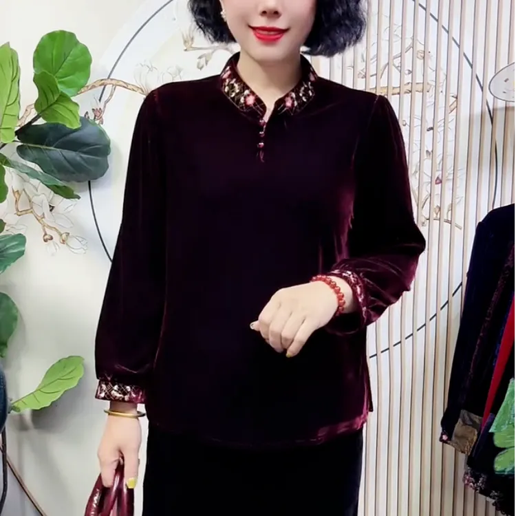 新中式三扣刺绣花立领金丝绒上衣遮肉显瘦打底衫时尚百搭妈妈装