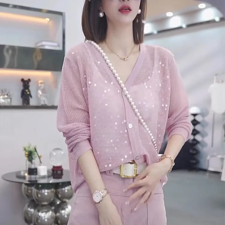 欧货亮片镂空V领针织开衫女夏季设计感百搭时尚薄款长袖防晒上衣