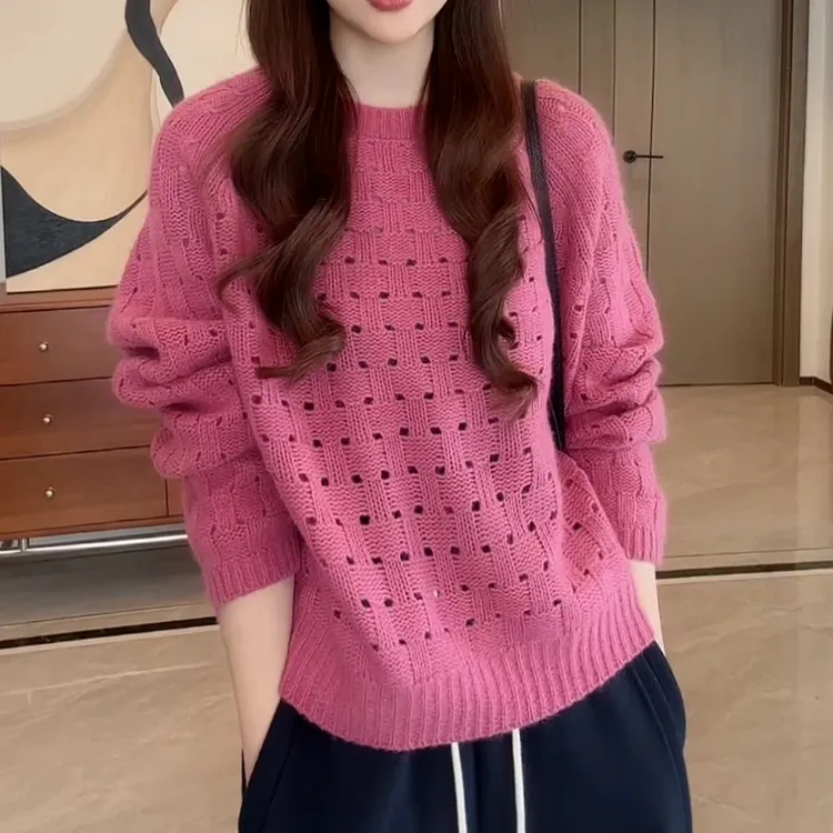 韩系巨好看镂空长袖针织衫女2025秋季新款慵懒松弛感宽松百搭毛衣