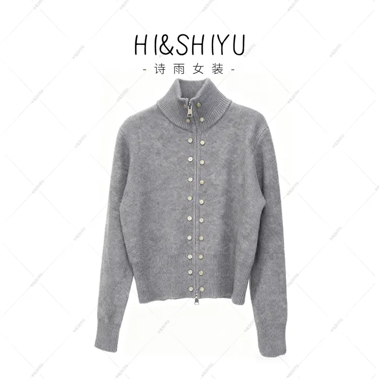 HISHIYU【软绵绵】双排扣立领拉链复古宽松气质针织外衫