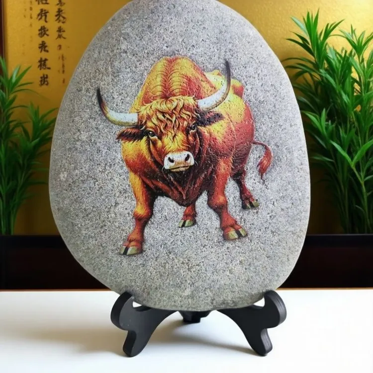 生肖牛小哥石头画防水不掉色半手工中式玄关书房摆设酒柜摆件茶道