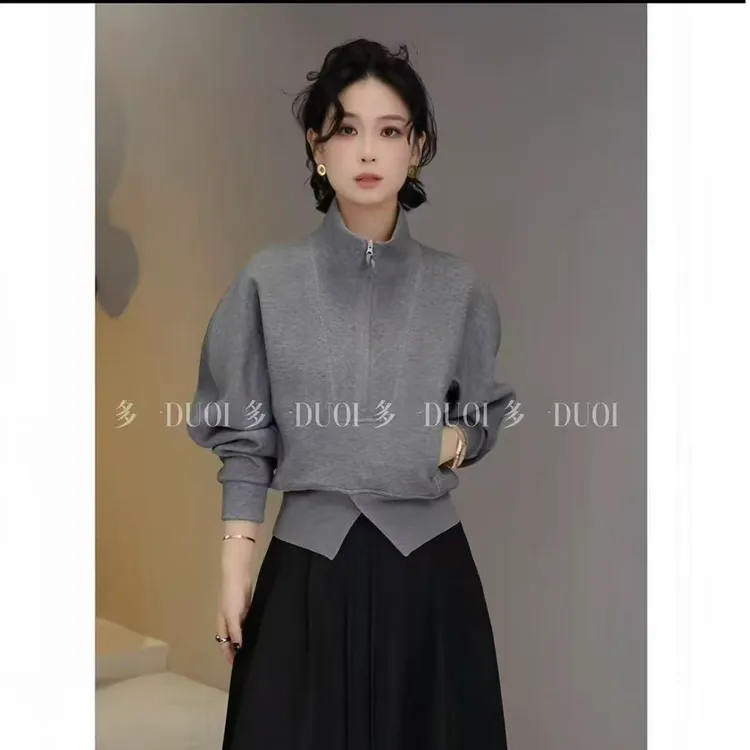多一“立领卫衣”2025秋季倒三角螺纹松紧开叉半拉链立领长袖卫衣