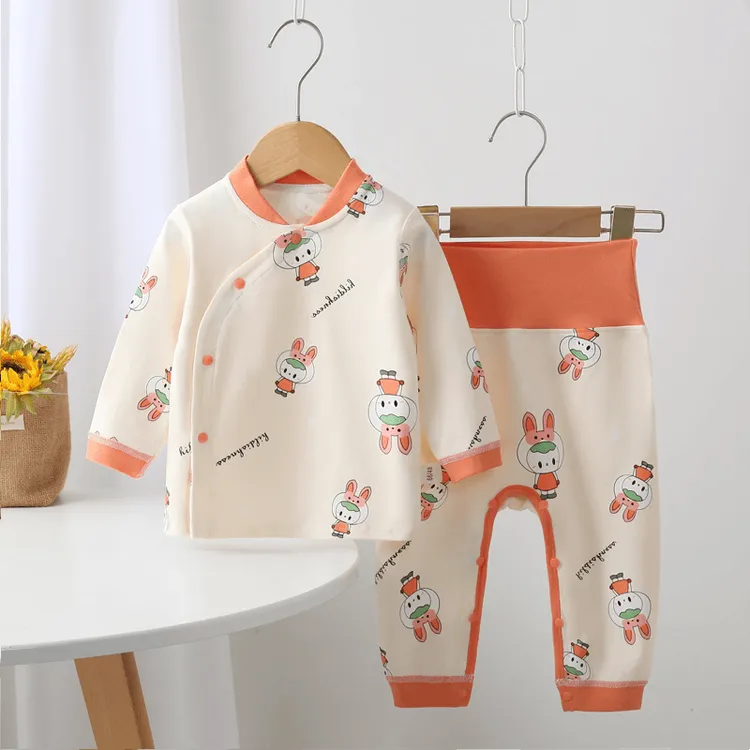 婴儿纯棉分体套装新生儿高腰护肚衣服男女宝宝无骨免脱春秋两件套