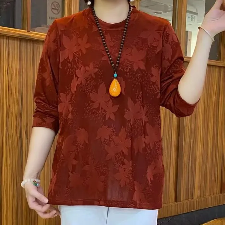 秋季休闲风圆领中长款法式中老年女宽松长袖提花T恤打底衫妈妈装
