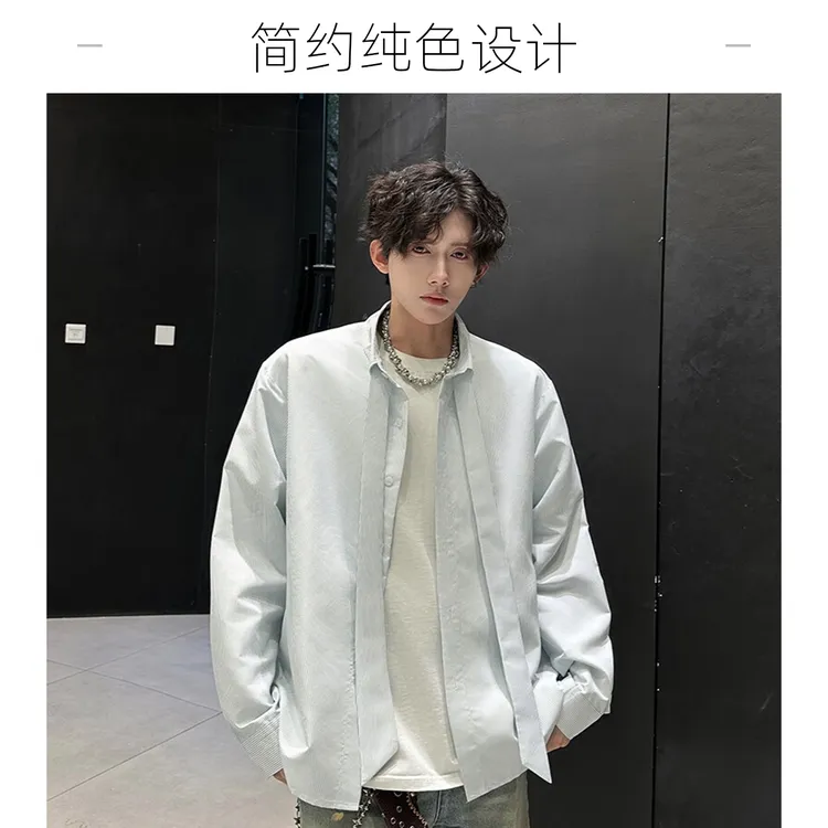 春秋新款学院风条纹衬衫男美式设计感内搭衬衣复古青少年上衣情侣