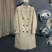 2025春装新款女装黑色中长款风衣外套女宽松双排扣长款西装领大衣