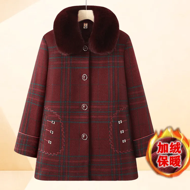 中老年人女毛呢秋冬季毛呢外套60岁妈妈格子大衣加绒加厚奶奶上衣