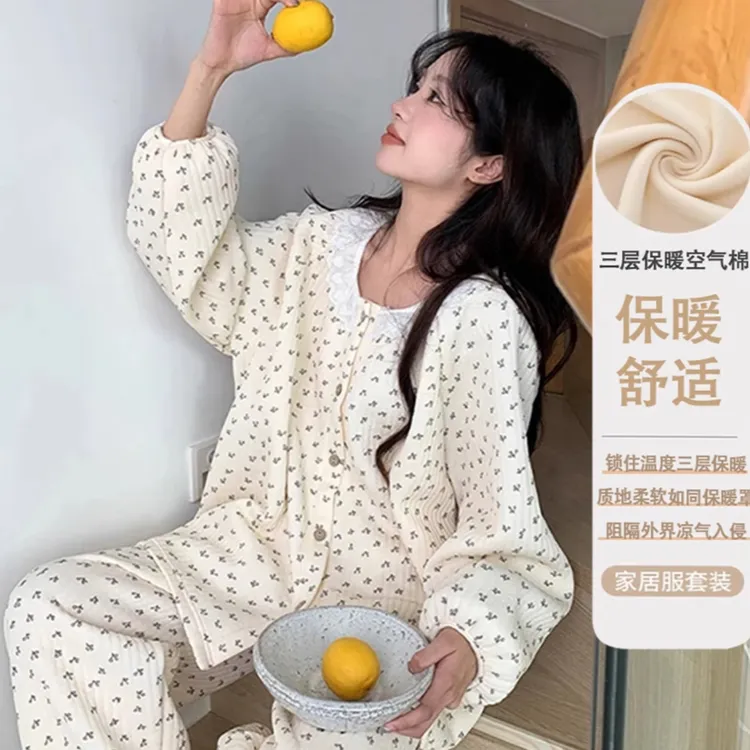 简约风长袖睡衣女秋冬季新款甜美蕾丝花边樱桃圆领舒适家居服套装