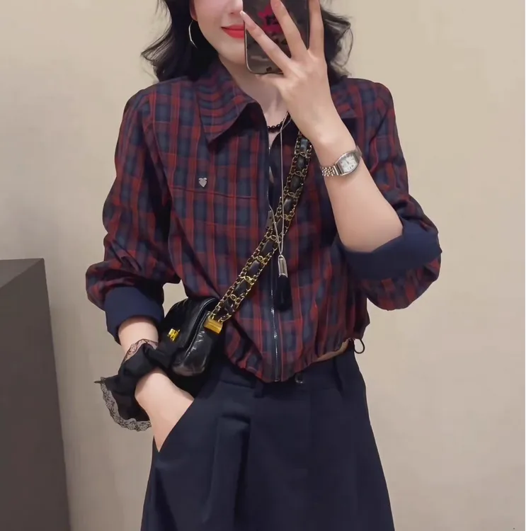 拉夏贝尔高级感气质炸街减龄格子衬衫女2025秋季新款宽松显瘦上衣