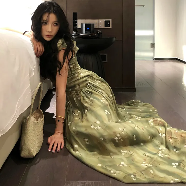 新款 碎花印花高腰常规短袖无领连衣裙汉服日常春夏气质显瘦复古