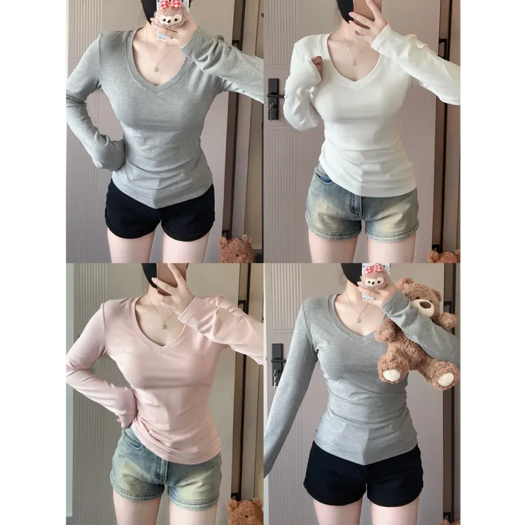 【好穿一整季】闭眼入！嗲嗲纯欲v领打底长袖T恤女秋季新款修身上衣