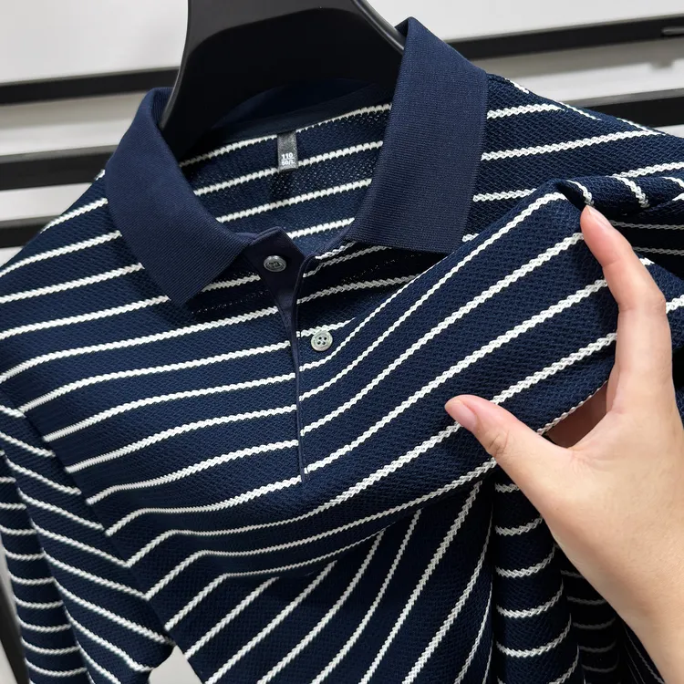 in cotton sea蓝白条纹长袖t恤男士春秋季新款休闲透气针织polo衫