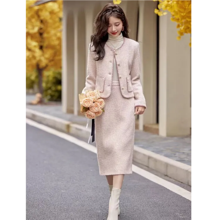 法式小香风羊毛呢套装女2025春秋新款甜美气质千金风半身裙两件套
