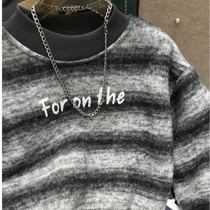 新疆包邮帅气男童条纹加绒圆领卫衣加厚一体绒冬季保暖上衣宽松男