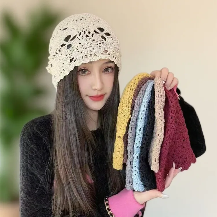 日系手工编织包头帽子女春秋薄款镂空毛线帽复古文艺针织帽堆堆帽