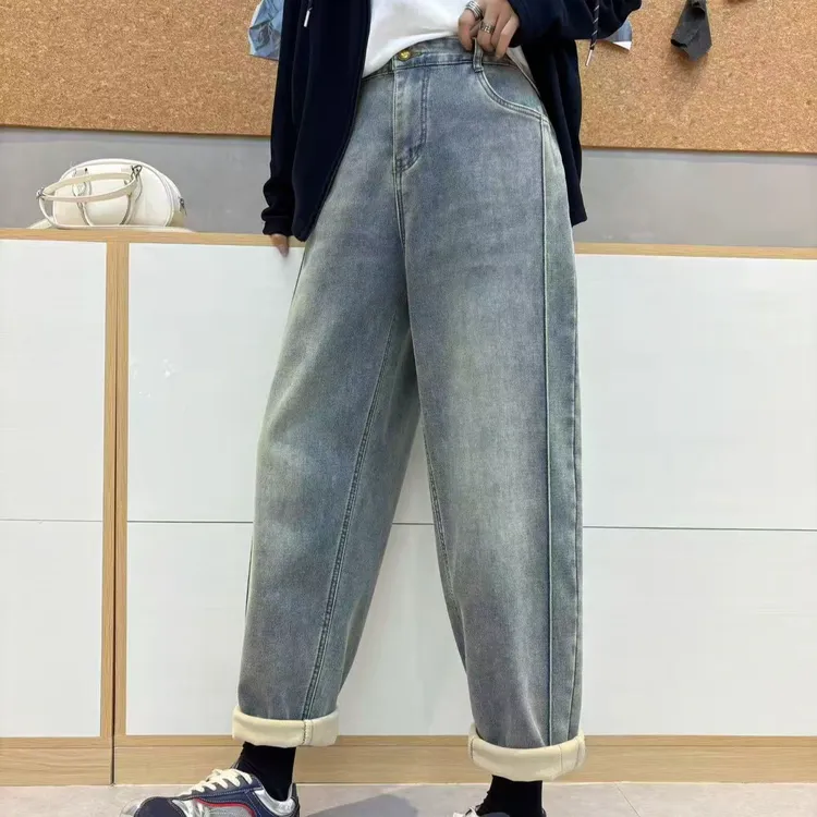 【胖彤彤】25129#裤线显瘦宝宝绒水洗牛仔老爹裤Y/452