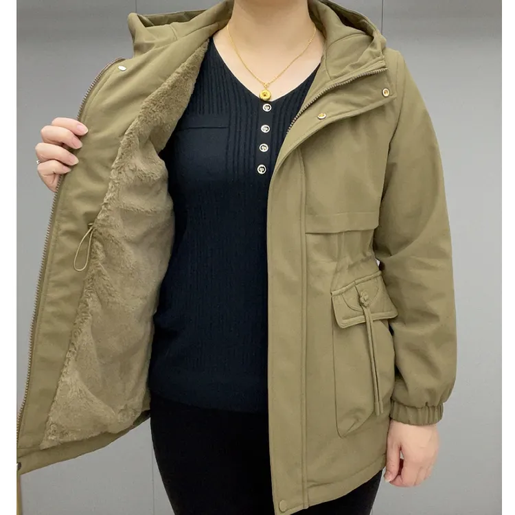 加绒连帽中长款宽松型厚款中老年女装工装秋冬户外派克服冬季8820