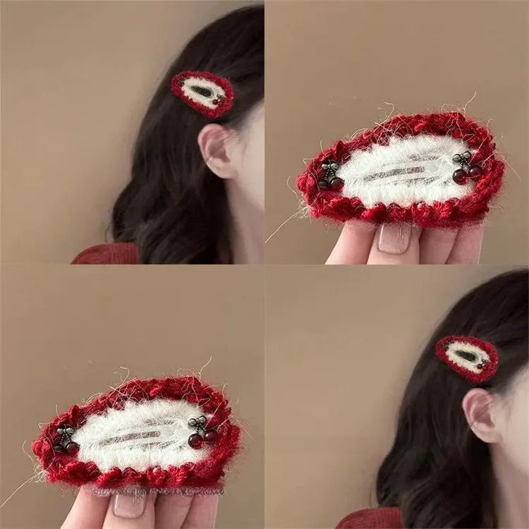 甜美少女红色小樱桃毛线发夹刘海夹高级感蝴蝶结发卡侧边夹碎发夹