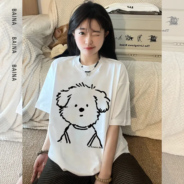 省钱风新款趣味潦草小狗t恤印花短袖女韩版潮牌简约百搭休闲上衣 