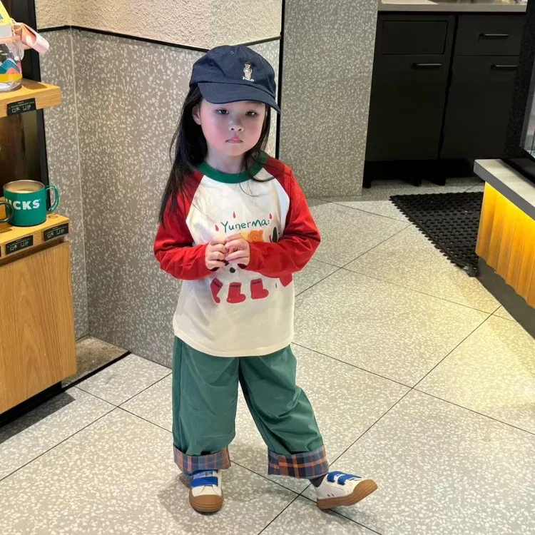 小惜亦2025女童春季新款韩版卡通印花拼接T恤绿色休闲裤洋气套装
