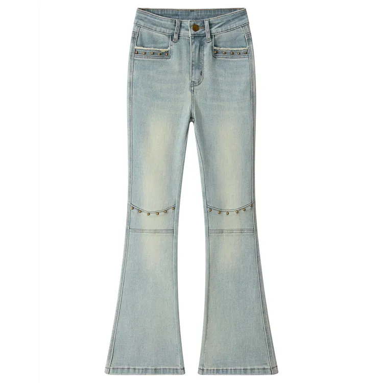 浅蓝色柳丁拼接微喇牛仔裤女春季高腰修身弹力提臀喇叭拖地长裤子