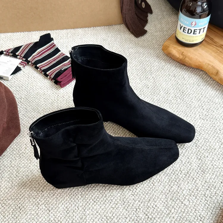 复古绒面气质小方头粗跟后拉链时尚短靴2025年秋冬潮流百搭瘦瘦靴