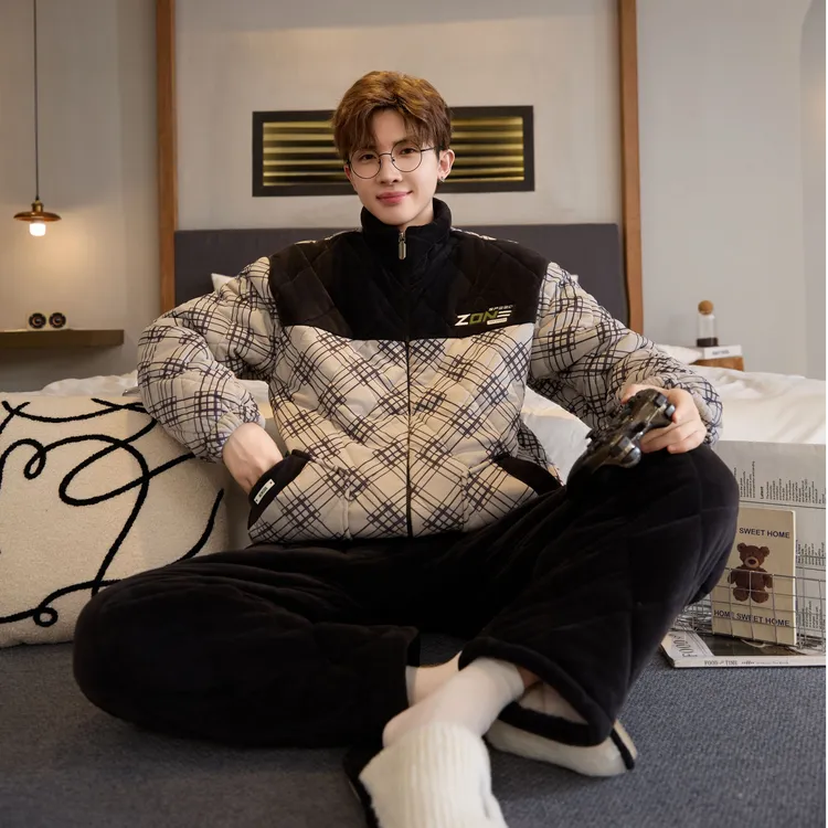 冬季加厚家居服2025新款三层夹棉宽松睡衣大码保暖冬季居家睡衣男