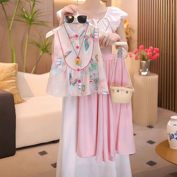 女童新中式套装2025夏季新款国风儿童汉服无袖上衣裤子童装两件套